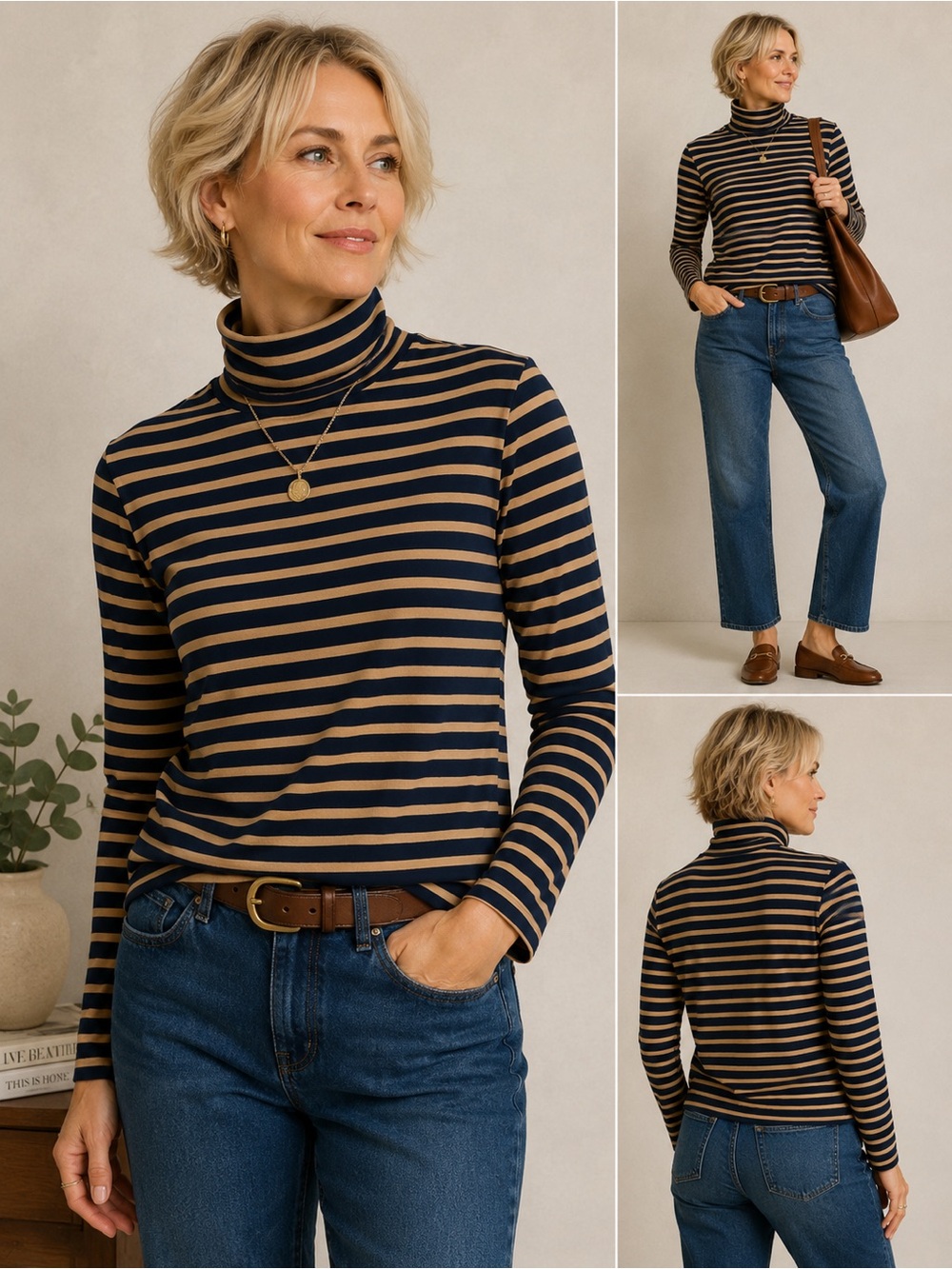 Lands End Stripe Turtleneck Top Womens XL Navy Tan Stretch Minimalist